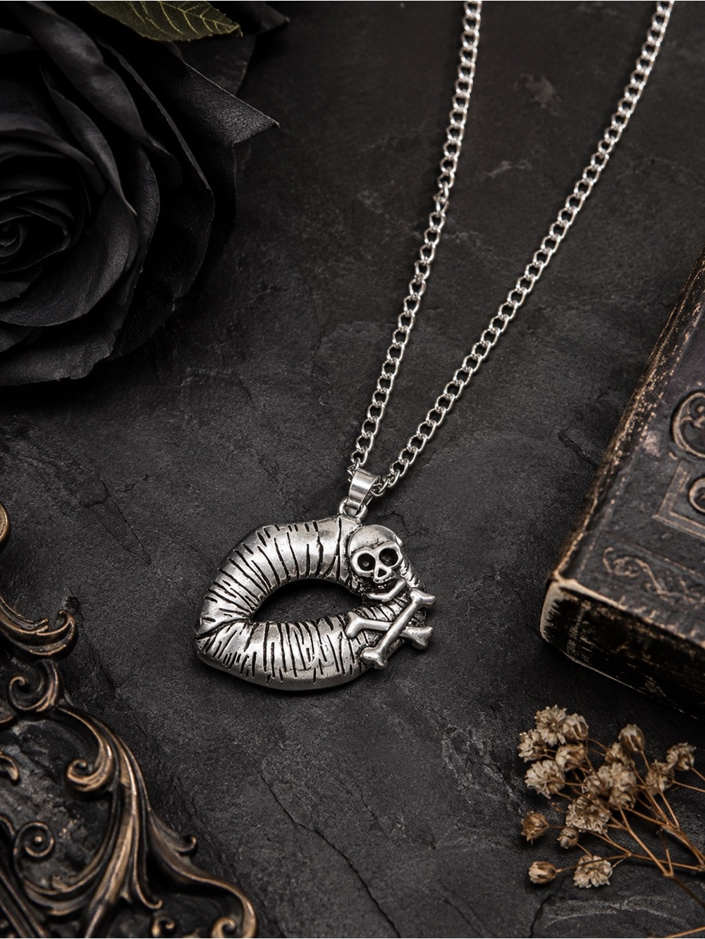 Kiss Silver-Tone Skull & Crossbones Lip Pendant Necklace